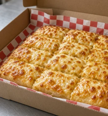 Cheesy garlic bread in a pizza box