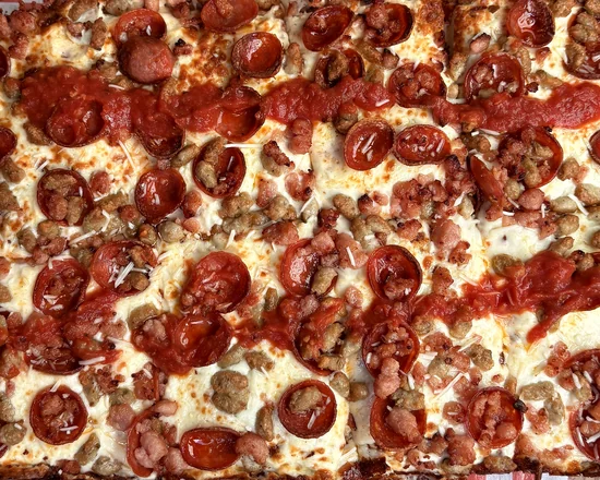 Detroit-style pepperoni and sausage pizza