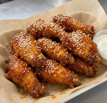 Saucy sesame chicken wings with garlic dip