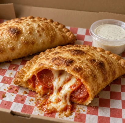 Two panzerotti, one cut open with pepperoni and cheese