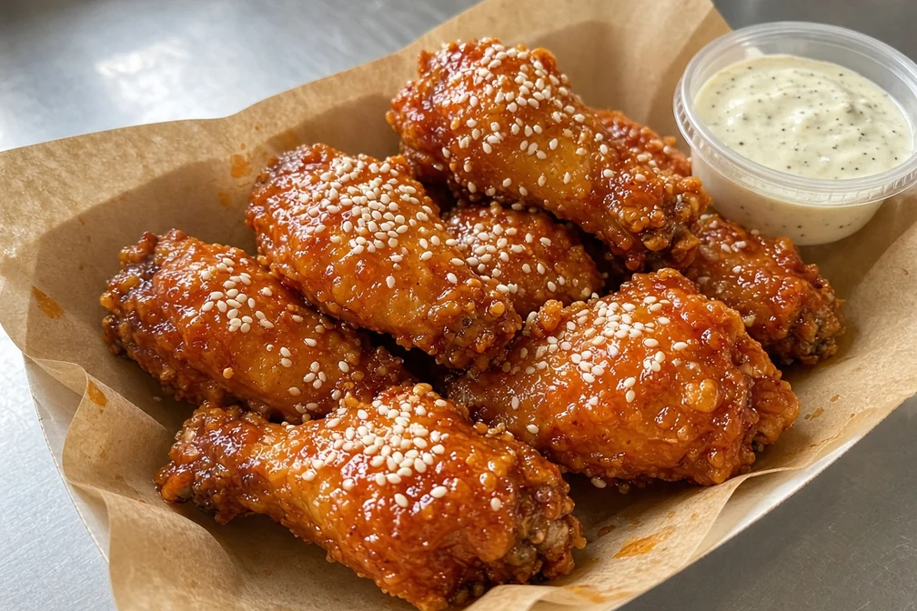 Chicken wings tossed in hot sauce with sesame seeds and a cup of garlic dip