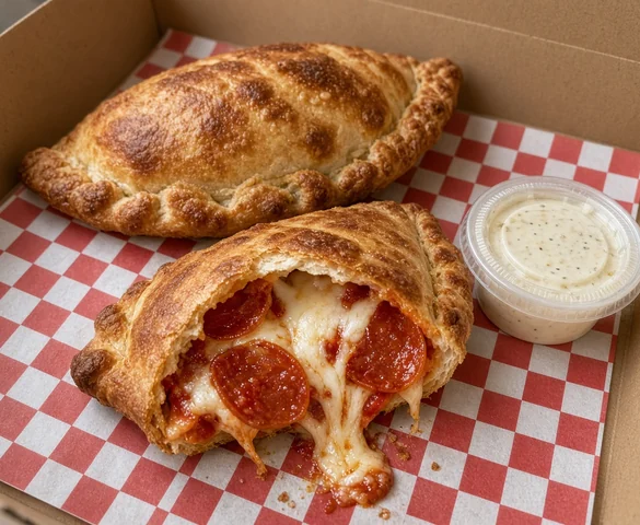 Two baked panzerotti, one cut open showing pepperoni and melted mozzarella