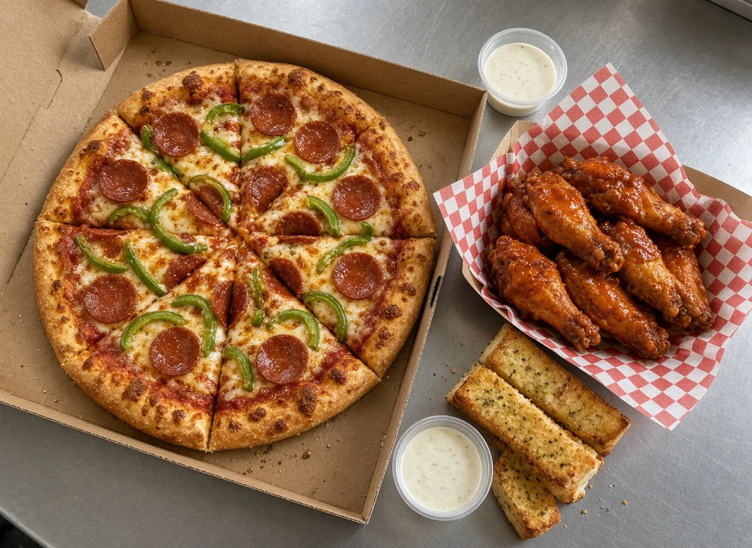 Pepperoni and green pepper pizza with chicken wings, garlic bread and garlic dip
